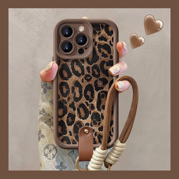 Leopard Print Case with Lanyard for iPhone 15 / 16 Series