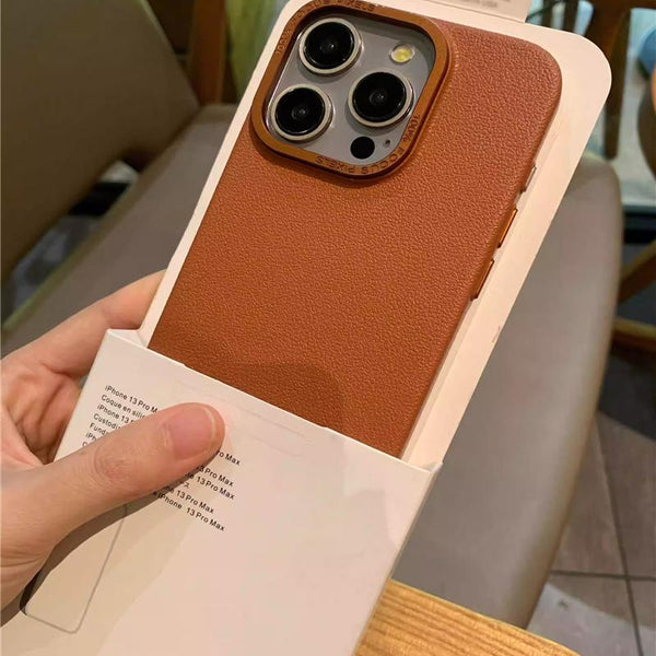 Leather Case with Metal Lens Frame for iPhone 15 Series