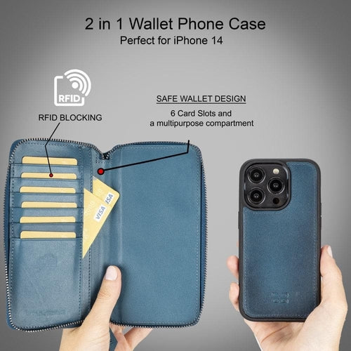 Funda cartera de piel desmontable con cremallera para iPhone 14 - PMW
