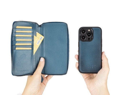 Funda cartera de piel desmontable con cremallera para iPhone 14 - PMW