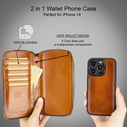 Funda cartera de piel desmontable con cremallera para iPhone 14 - PMW