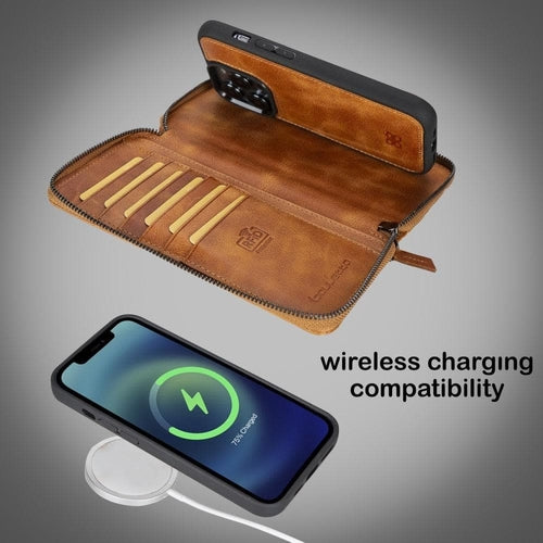 Funda cartera de piel desmontable con cremallera para iPhone 14 - PMW