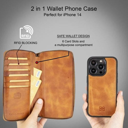 Funda cartera de piel desmontable con cremallera para iPhone 14 - PMW