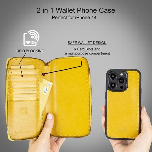 Funda cartera de piel desmontable con cremallera para iPhone 14 - PMW